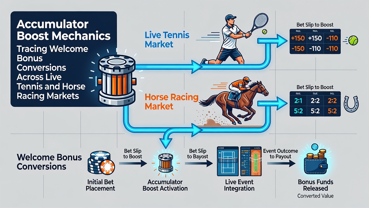 Live horse racing accumulator tracking interface showing bonus conversion stages