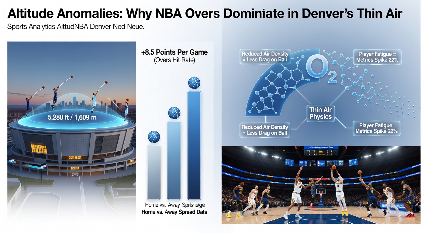 Nuggets players in action during a high-scoring home game at Ball Arena, with the scoreboard showing elevated totals typical of altitude effects