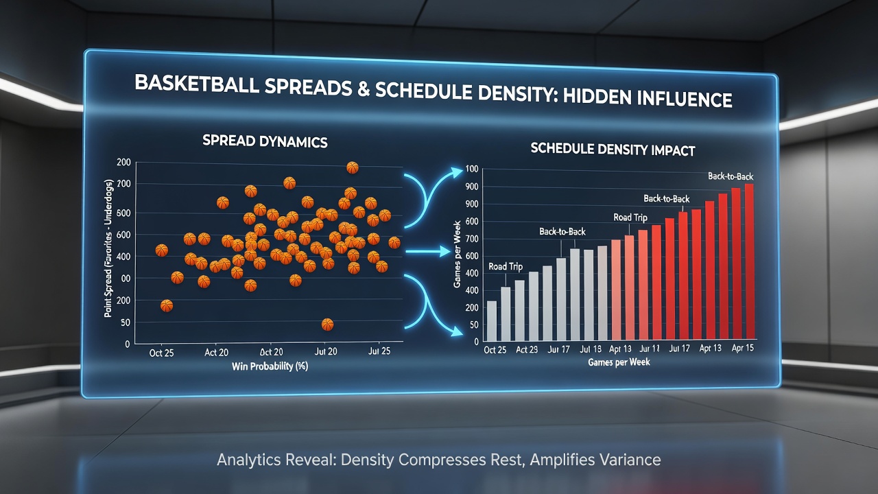 Basketball arena scoreboard and crowded schedule graphic illustrating dense game weeks