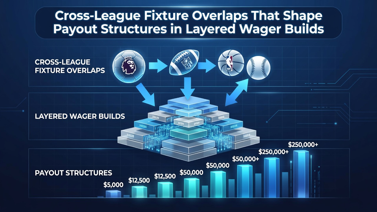 Infographic illustrating how correlated outcomes across leagues reduce accumulator multipliers with example numbers