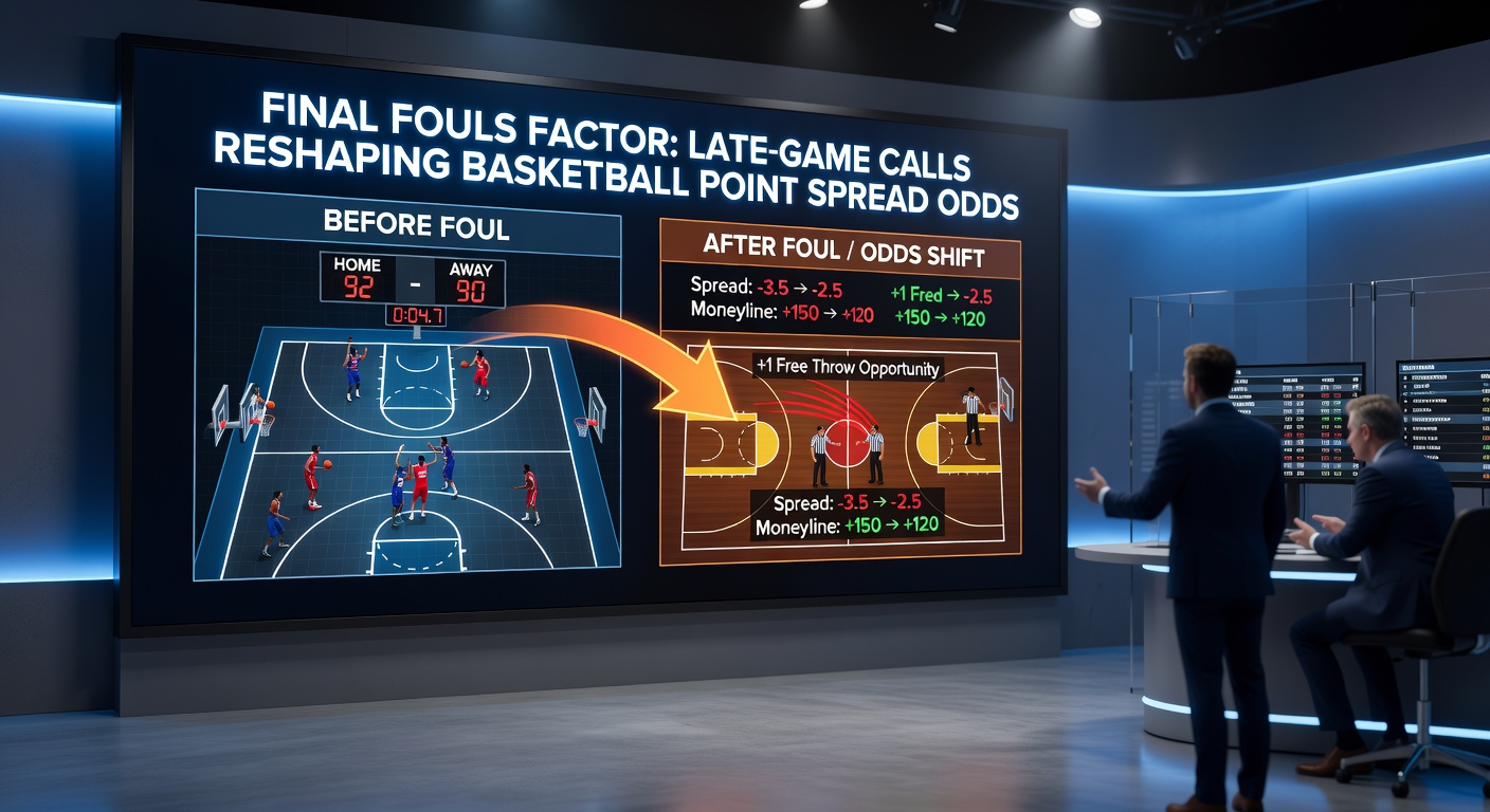 Close-up of NBA scoreboard showing free throw attempts spiking in the final minute, with point spread odds updating live beside it