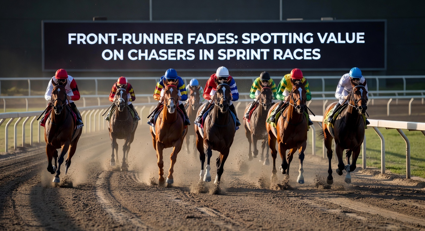 Close-up of a chaser surging past a fading front-runner in the final stretch of a sprint race, crowd blurred in the background