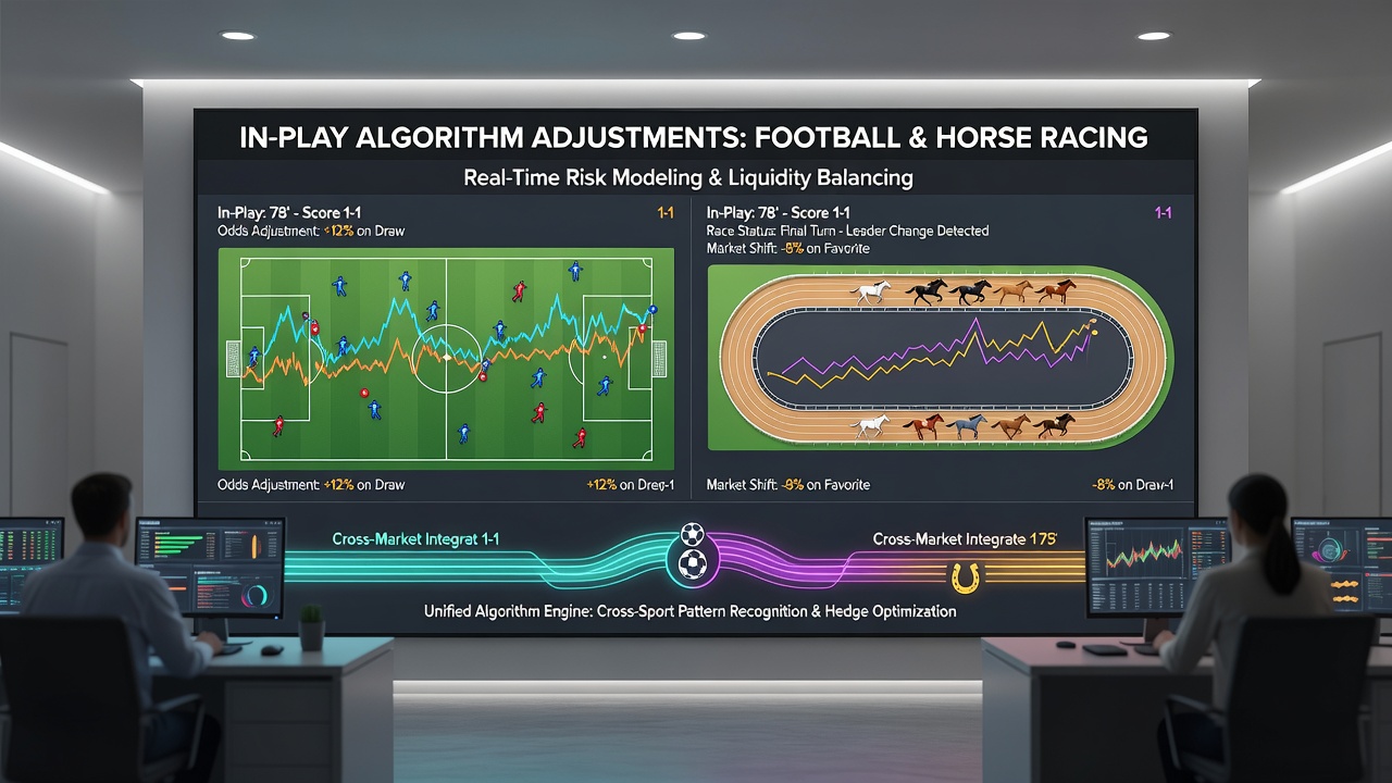Horse racing live odds board updating during a race alongside parallel football in-play market displays