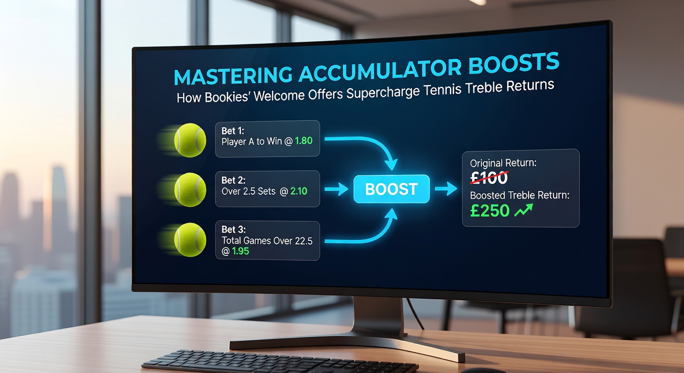 Screenshot example of a bookie's app displaying a tennis treble acca with applied welcome offer boost and enhanced payout odds