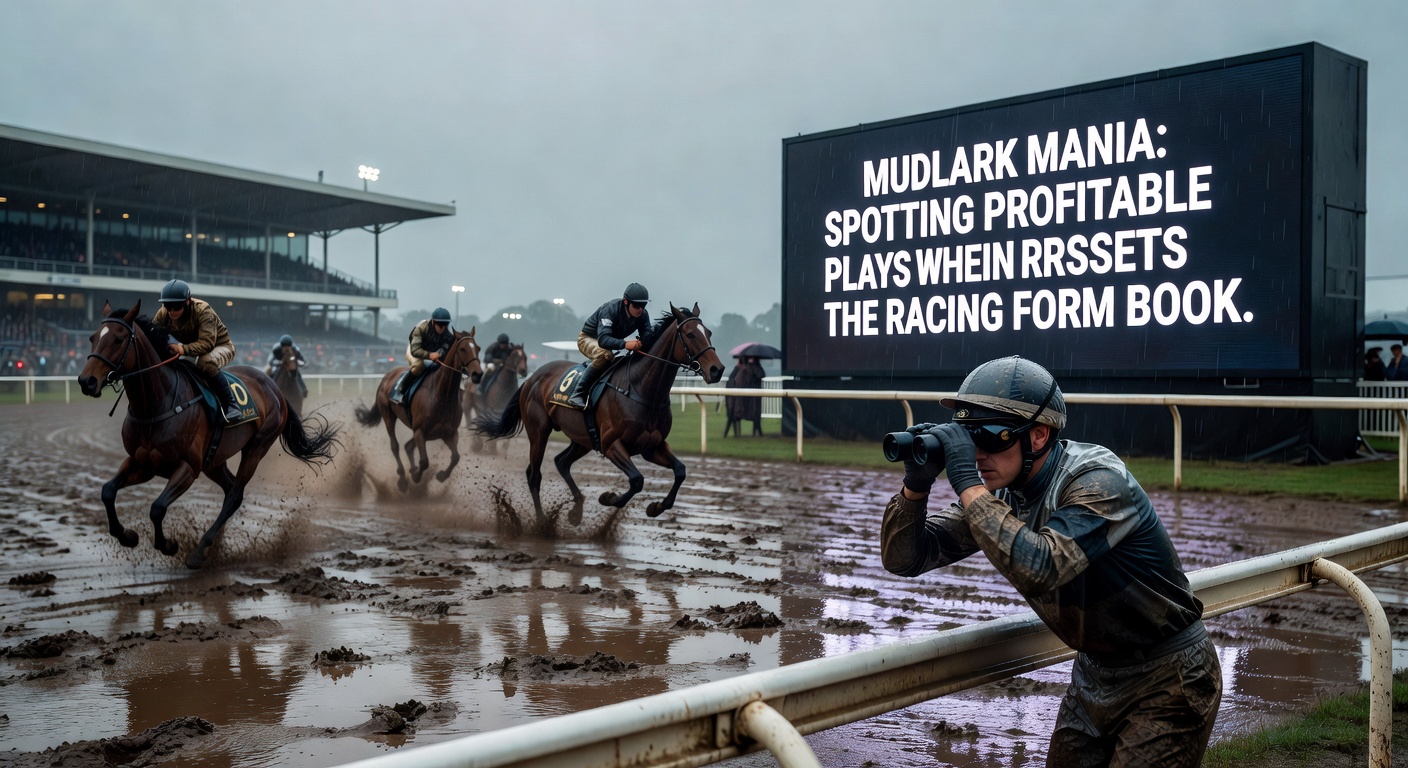 Close-up of a mud-splattered horse crossing the finish line first in a downpour, jockey raising whip in triumph amid cheering crowds