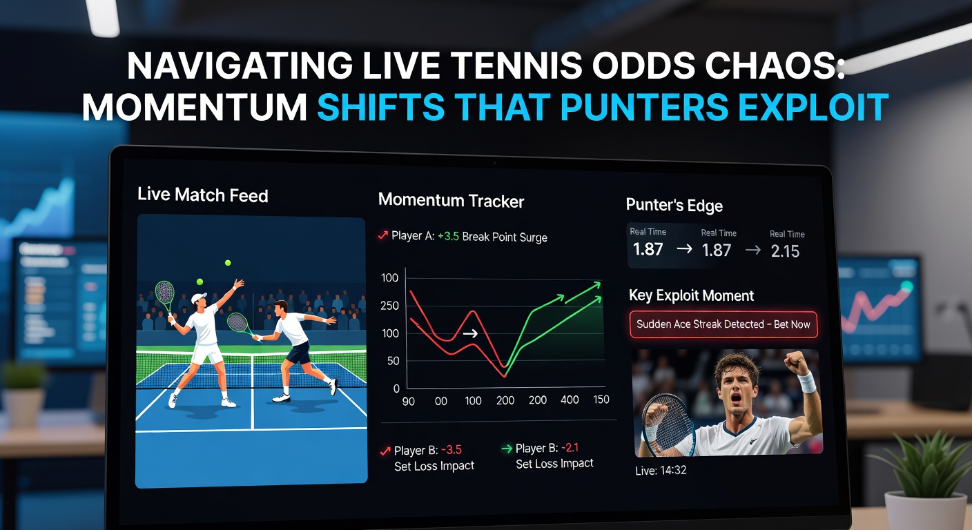 Close-up of tennis scoreboard displaying live odds shifting mid-match, with a player celebrating a key break point