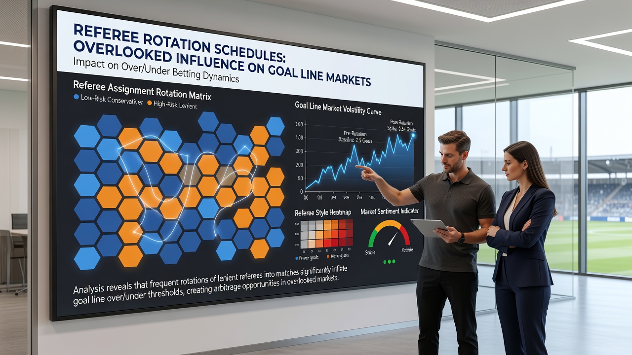 Football match statistics overlay showing goal line trends correlated with referee assignments