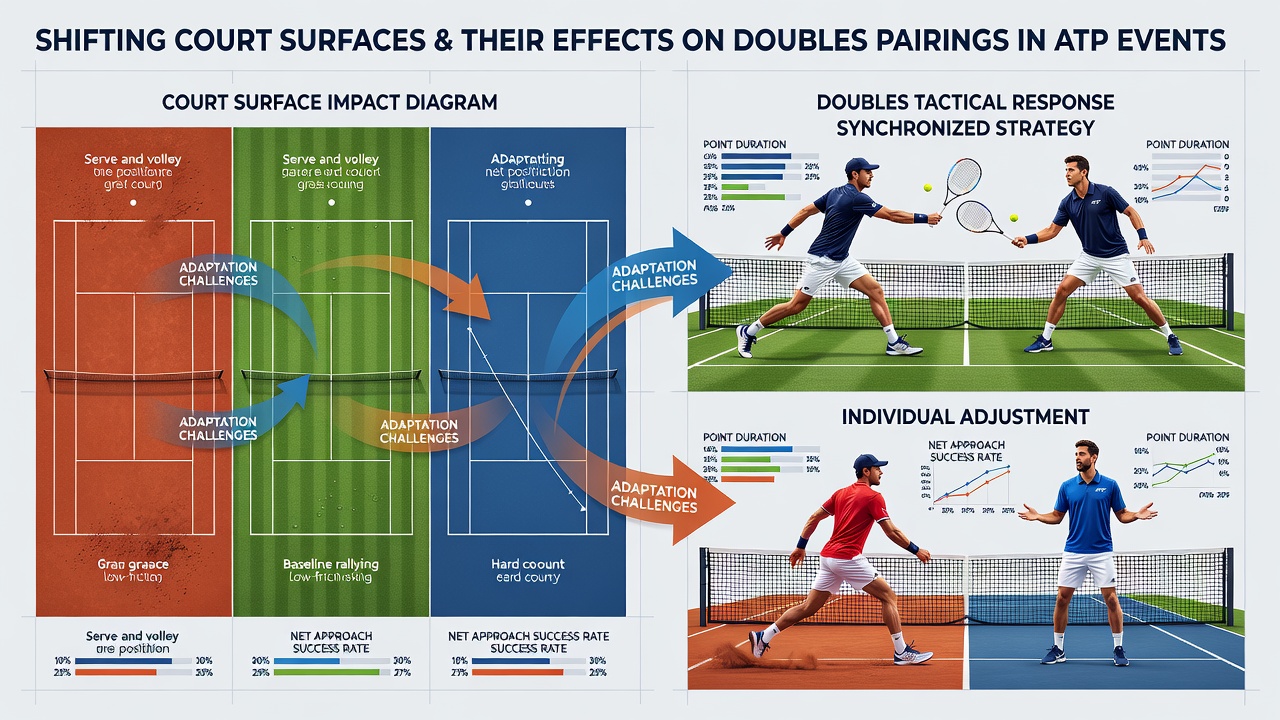 Doubles team executing a serve-and-volley play on a grass court at an ATP event
